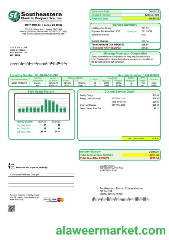USA South Dakota Southeastern Electric utility bill template in Word and PDF format